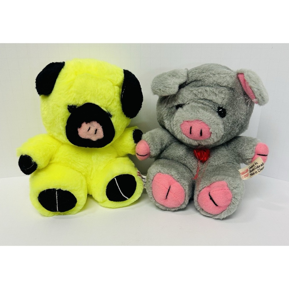 Vintage 1988 Sugar Loaf Creations Neon Yellow Bear and Grey Pig Plush Set 7in